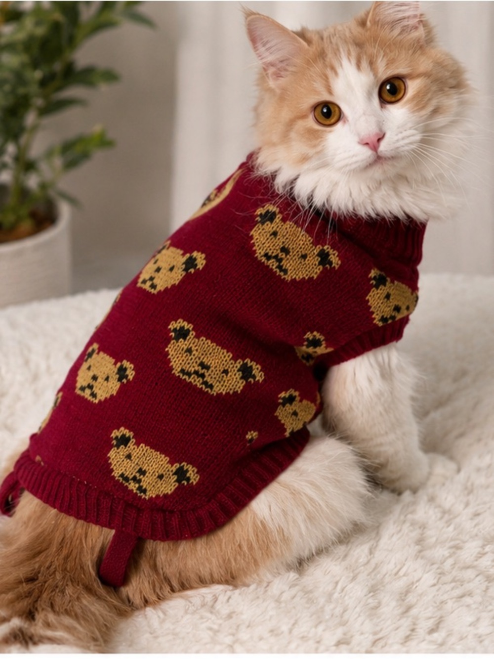 Cat Sweater in Burgundy with Bear Pattern